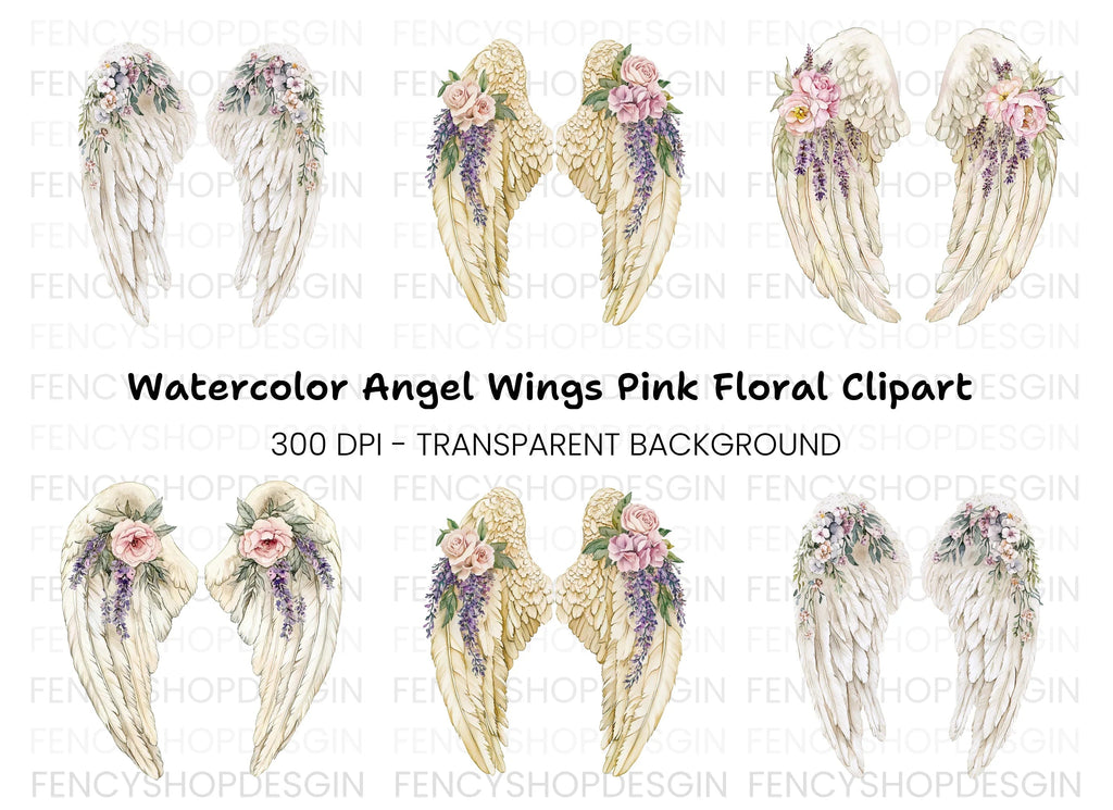 Romantic Angel Wings with Pink Roses Clipart Bundle