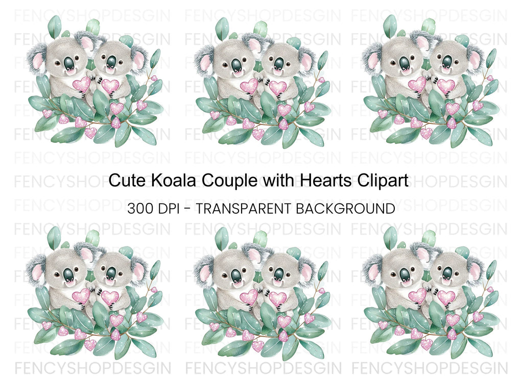 Cute Koala Couple with Pink Hearts Clipart Bundle