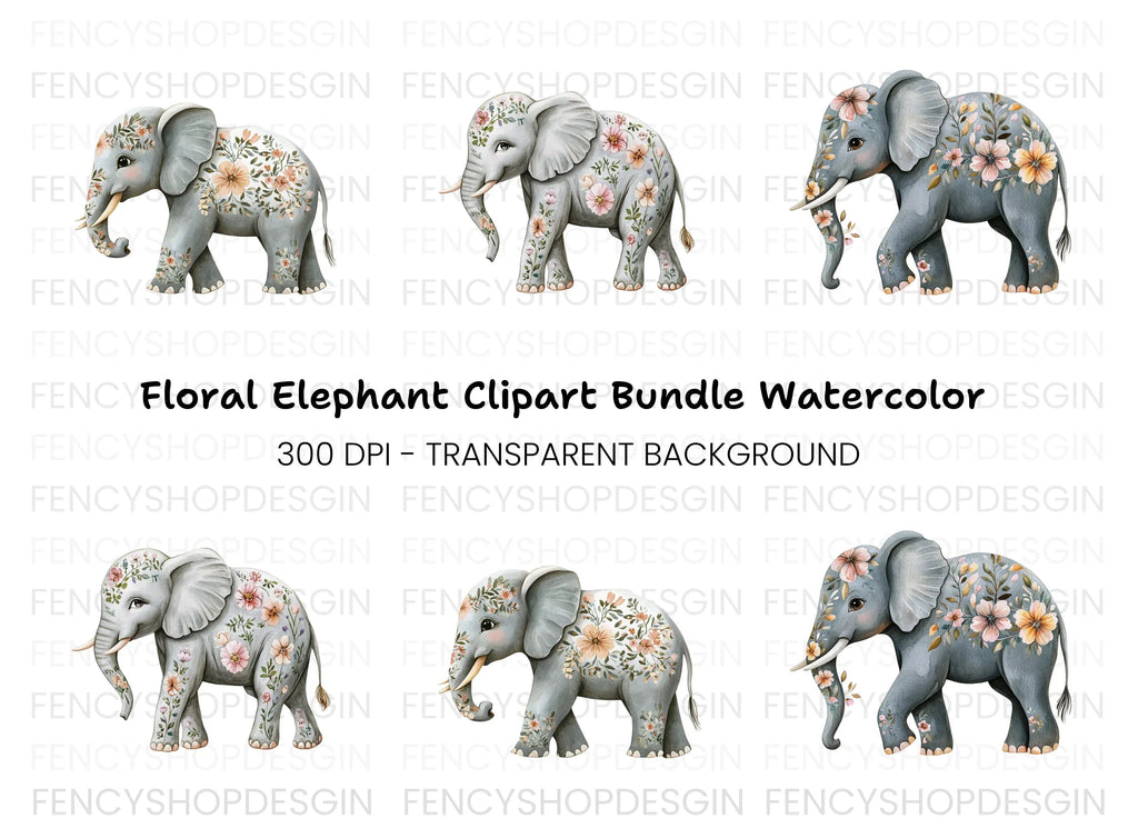 Floral Elephant Clipart Bundle