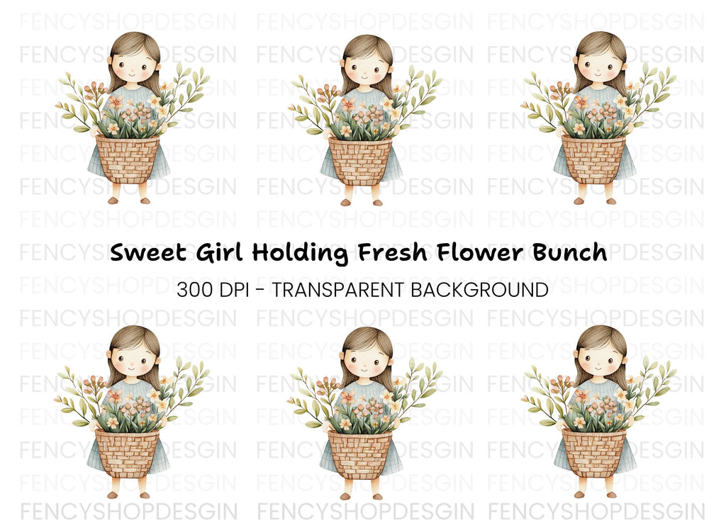 Sweet Girl with Flower Basket Clipart Bundle