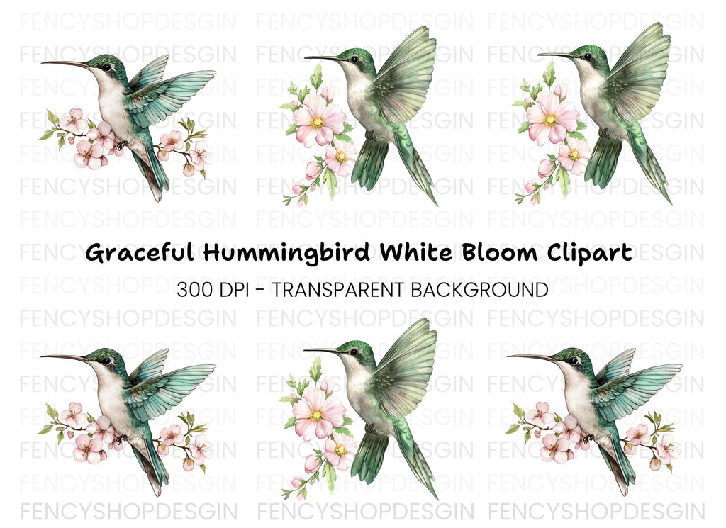 Hummingbird with Pink Blossoms Clipart Bundle