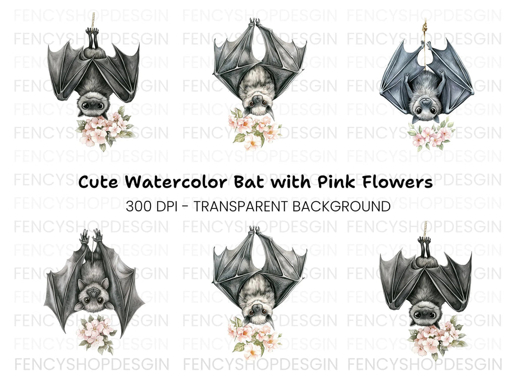 Cute Bat with Flowers Clipart Bundle