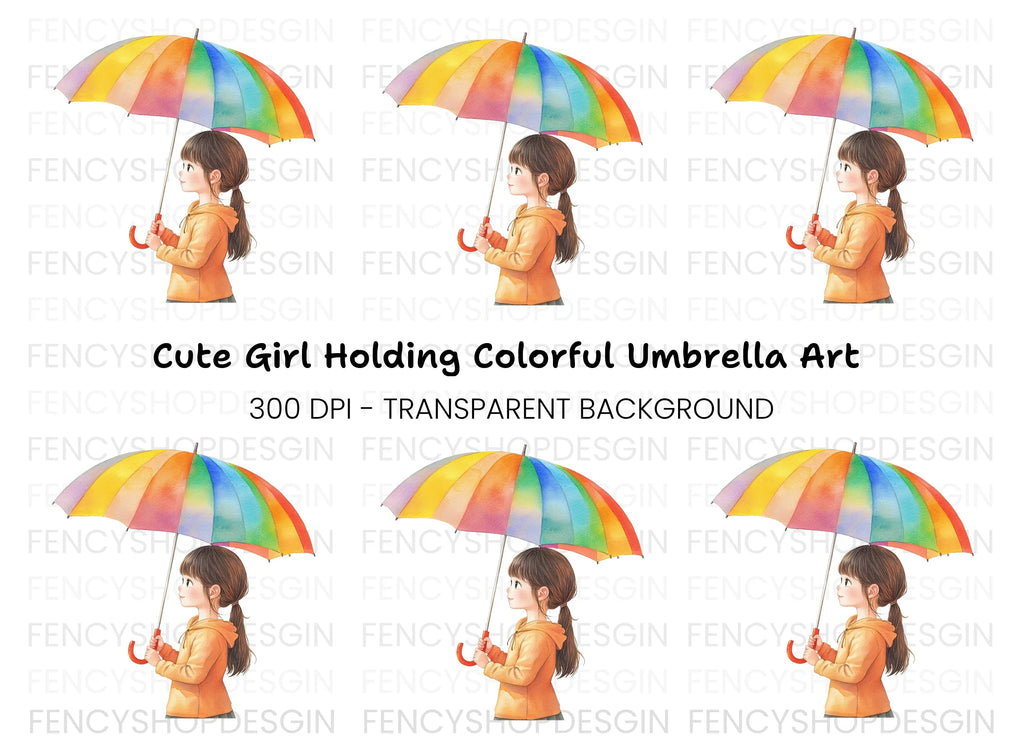 Girl with Rainbow Umbrella Clipart Bundle