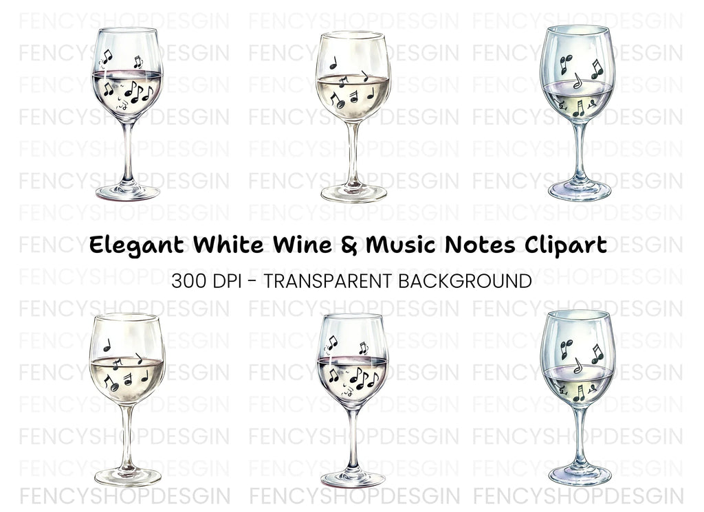 Wine Glasses with Musical Notes Clipart Bundle