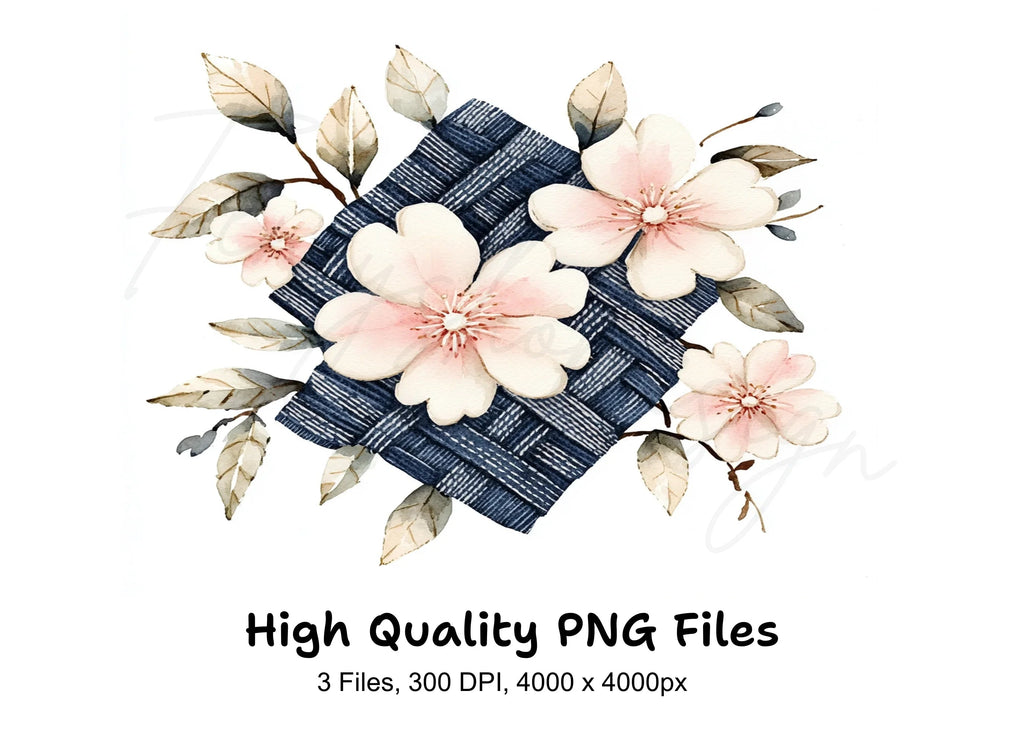 Pink Cherry Blossom Denim Clipart Bundle