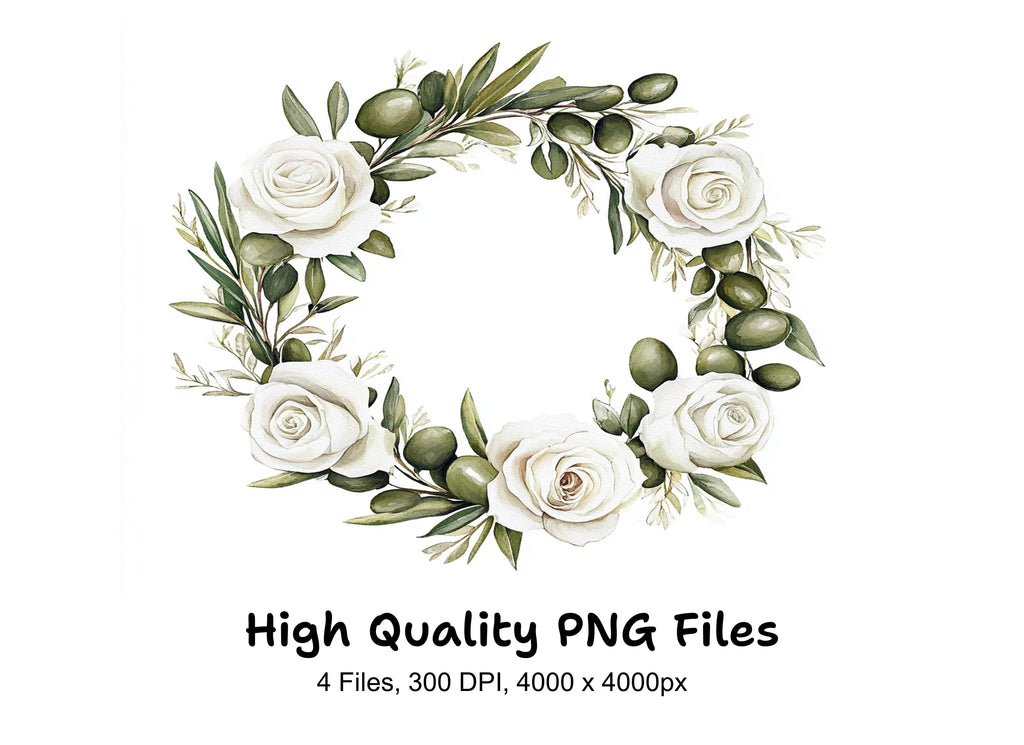 White Rose Olive Wreath Clipart Bundle