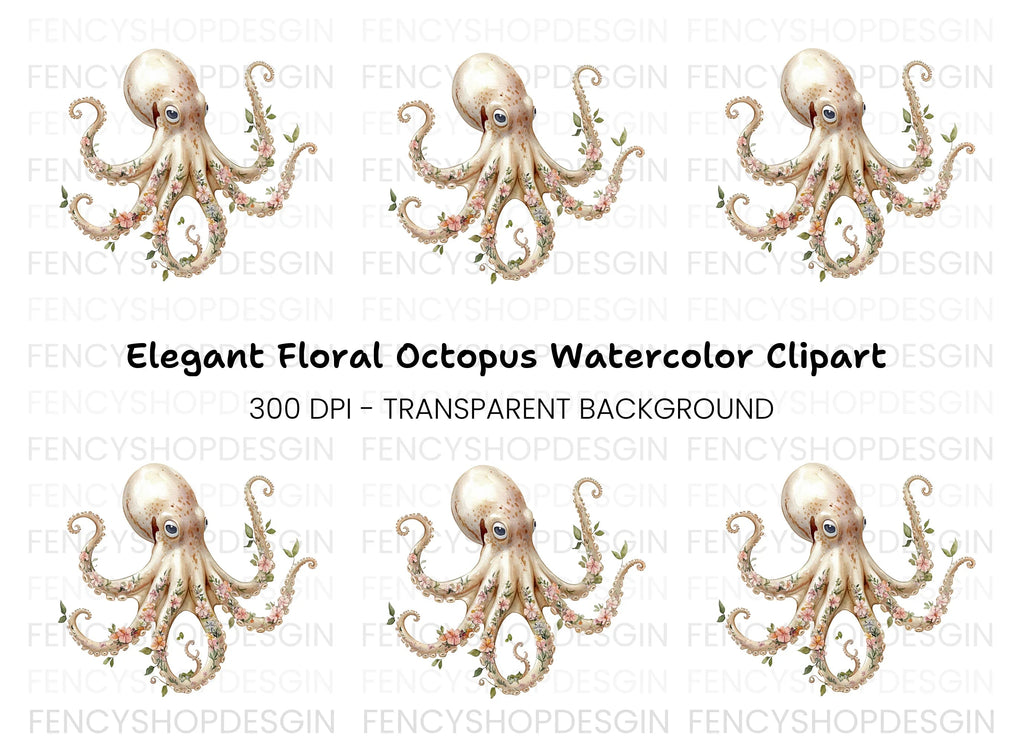 Elegant Floral Octopus Clipart Bundle