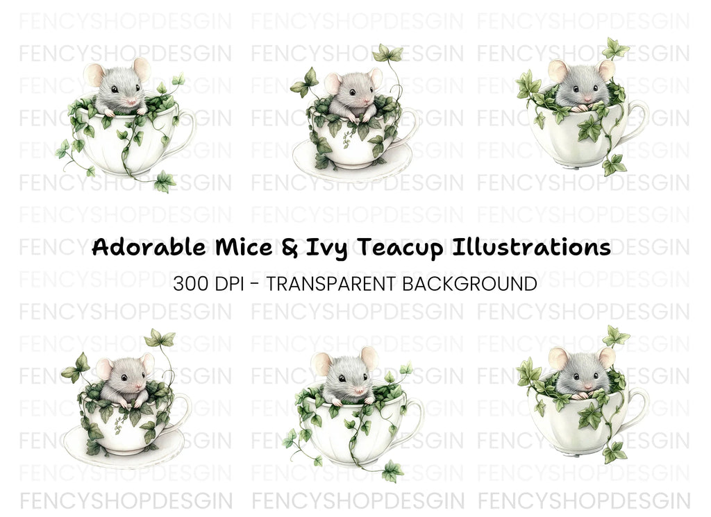 Cute Mice in Teacups Clipart Bundle