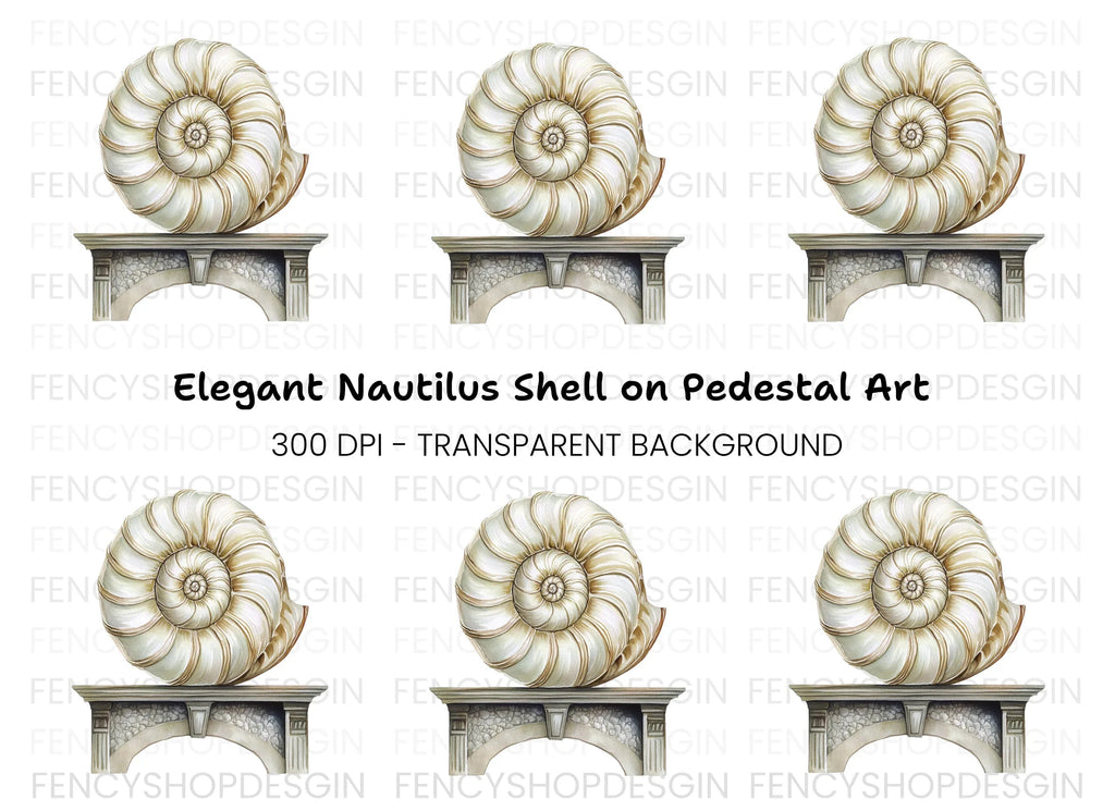 Elegant Nautilus Shell on Stone Pedestal Clipart Bundle