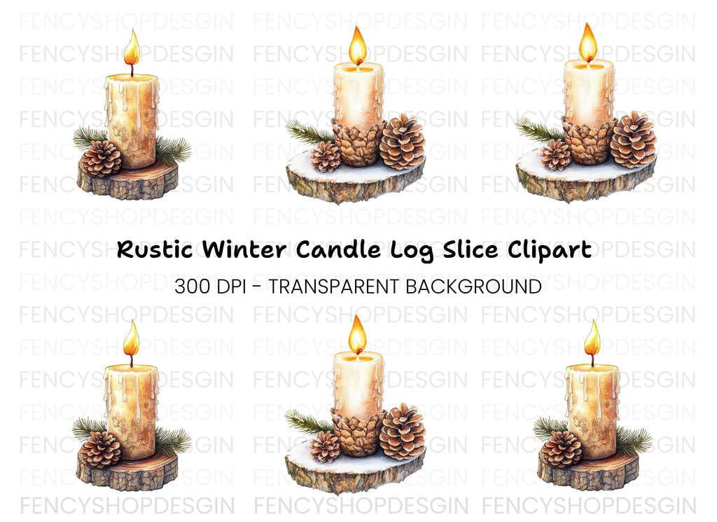 Winter Candle Pinecone Wood Slice Clipart Bundle