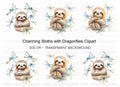 Happy Sloth with Dragonflies Clipart Bundle