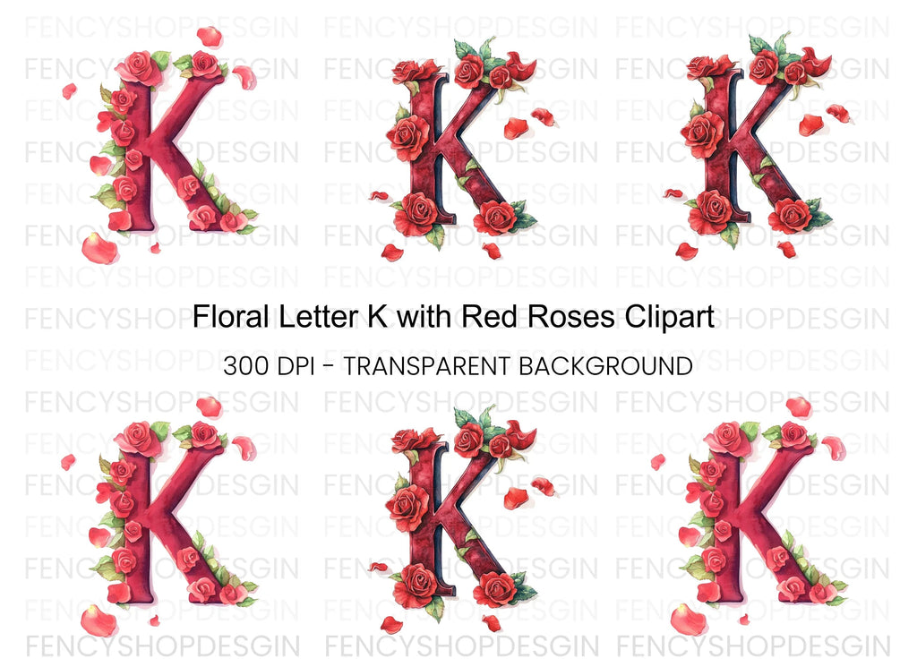 Floral Letter Red Roses Clipart Bundle