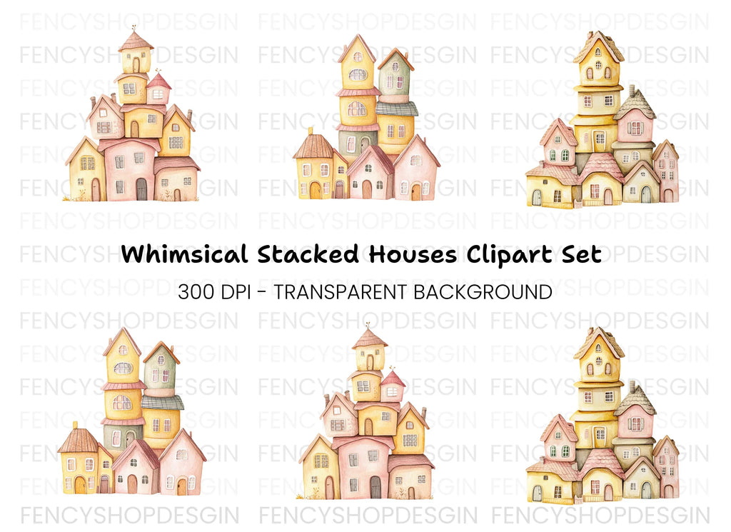 Whimsical Stacked Houses Clipart Bundle