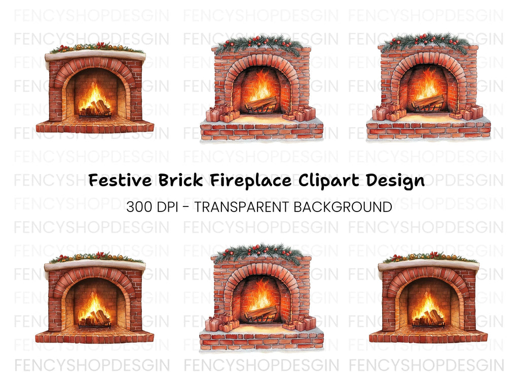 Festive Fireplace with Gifts Clipart Bundle