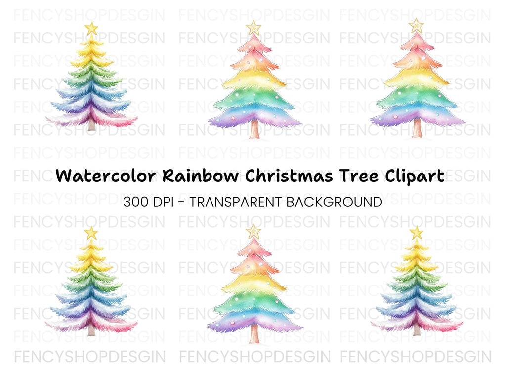 Pastel Rainbow Christmas Tree Clipart Bundle