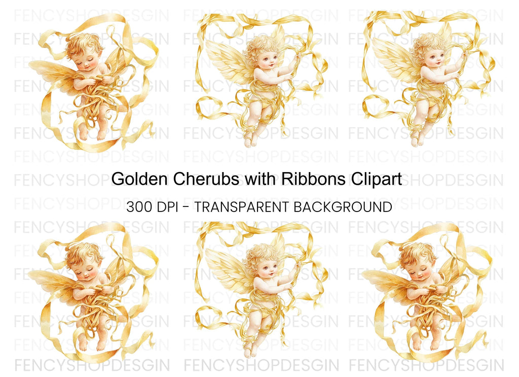 Golden Angel Cherubs with Ribbons Clipart Bundle