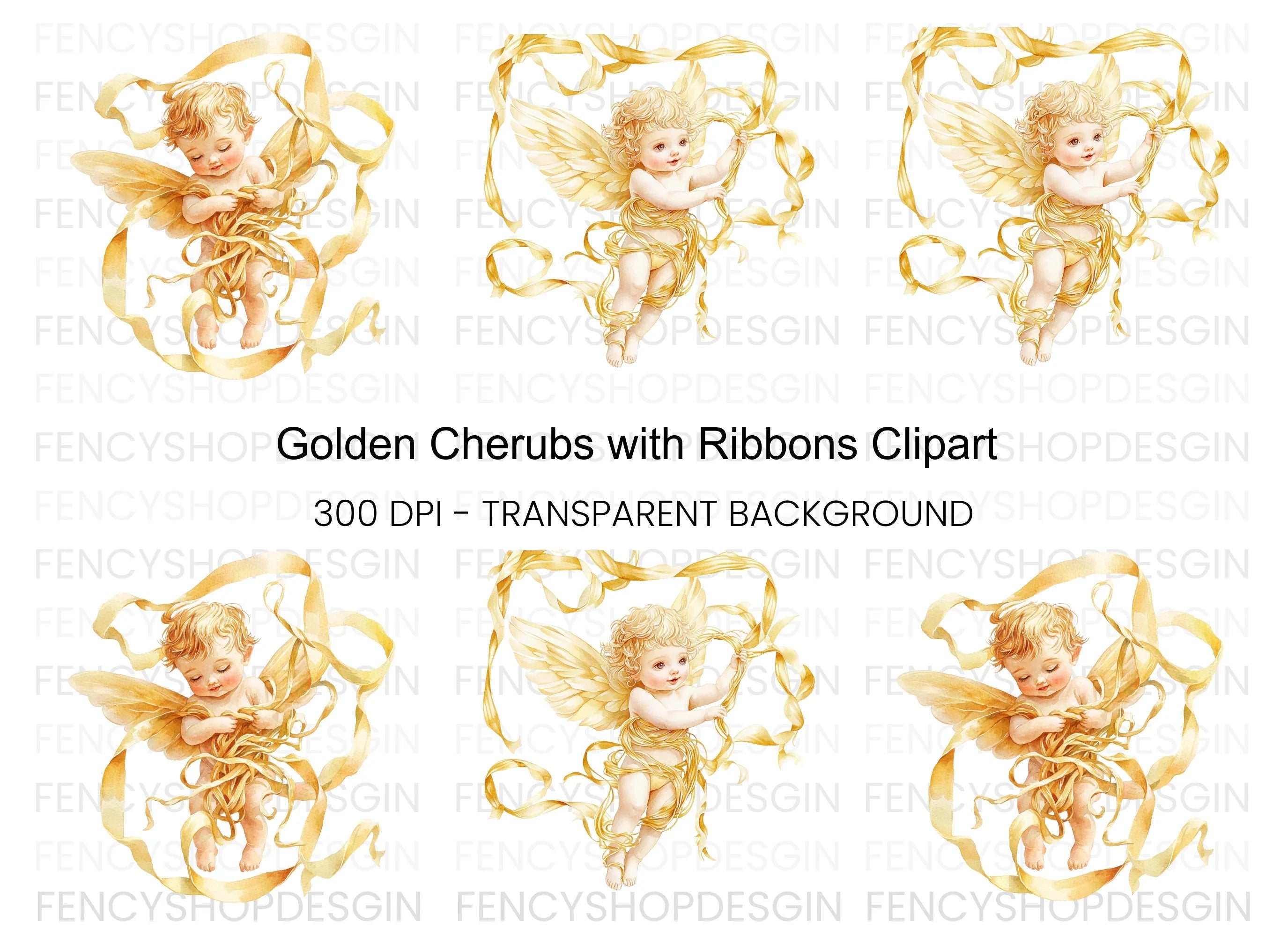 Golden Angel Cherubs with Ribbons Clipart Bundle
