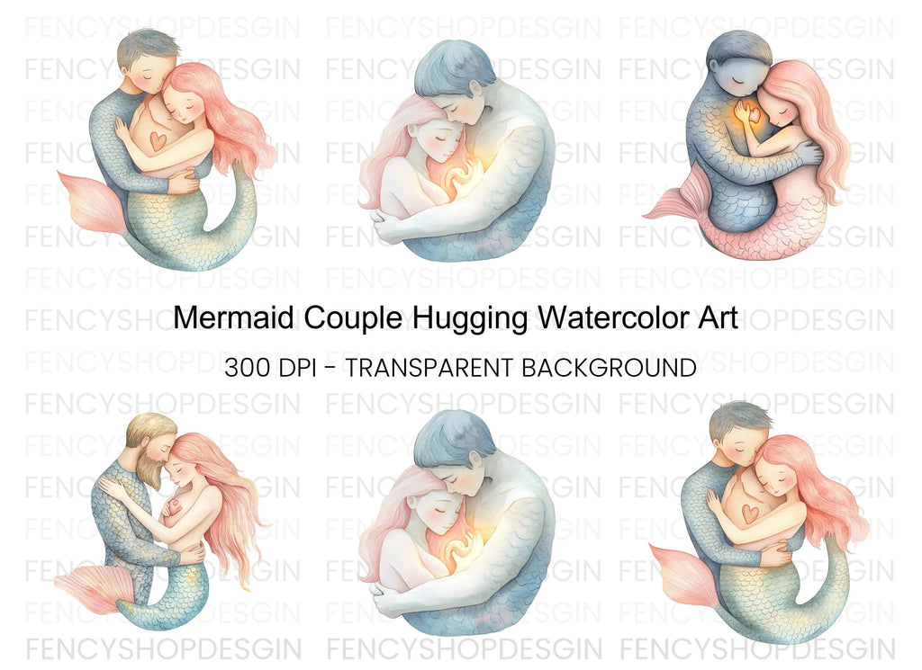 Mermaid Couple Love Hug Clipart Bundle