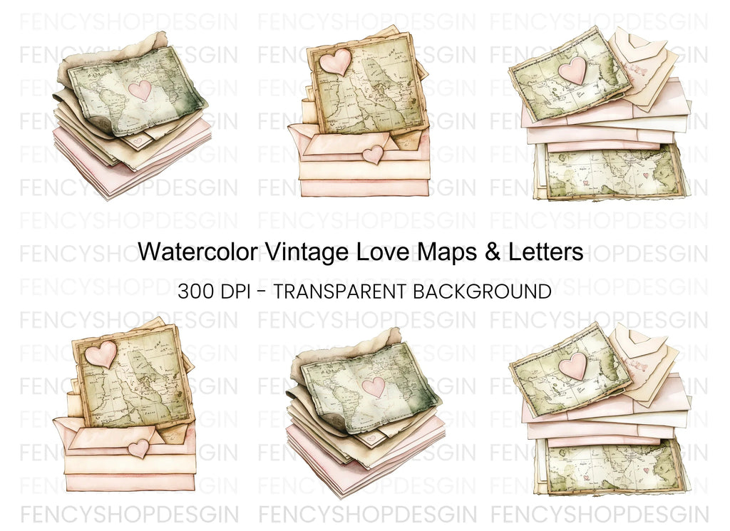 Vintage Love Letters Map Clipart Bundle