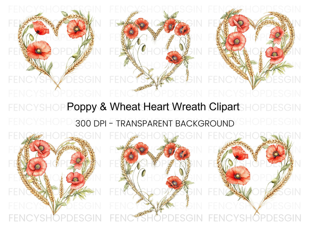 Poppy and Wheat Heart Clipart Bundle