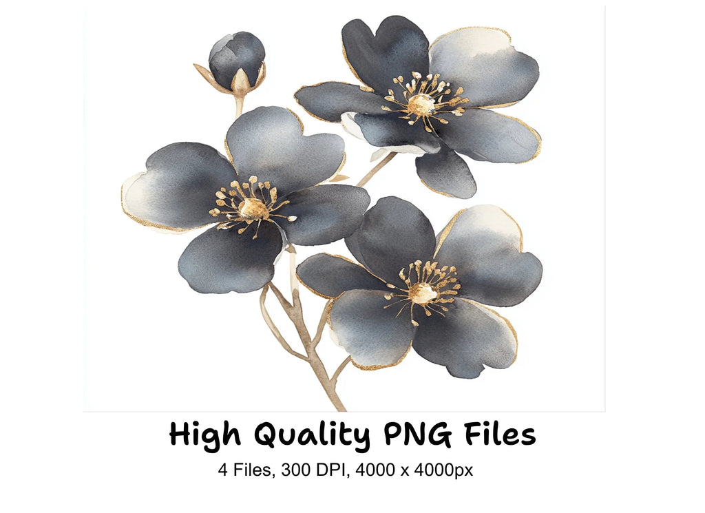 Dark Floral Gold Accents Clipart Bundle