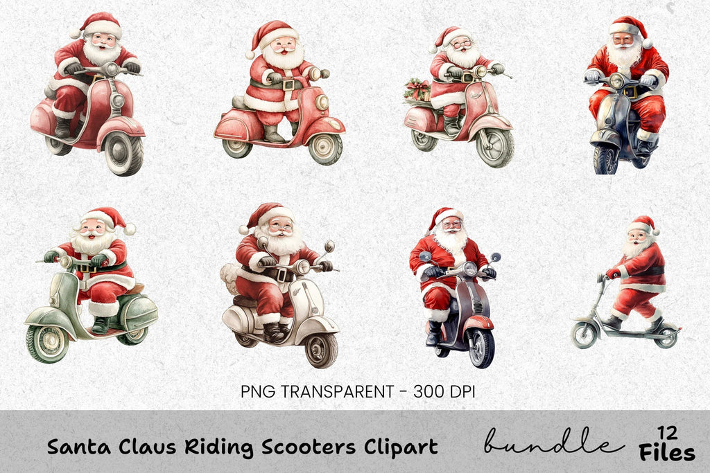 Santa Claus Riding Scooters Clipart Bundle
