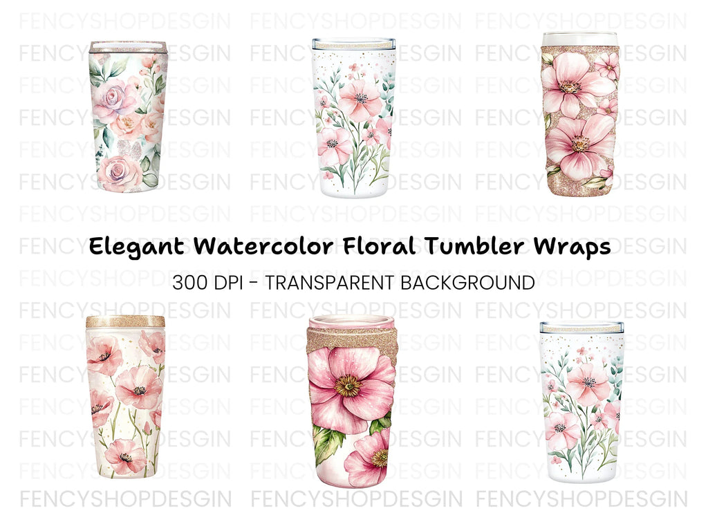Glittery Pink Floral Tumbler Designs Clipart Bundle