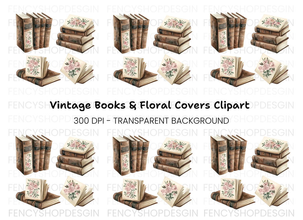 Vintage Floral Accents Books Clipart Bundle