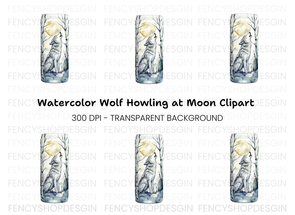 White Wolf Howling in Birch Forest Clipart Bundle