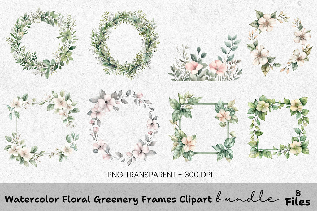 Floral Greenery Frames Clipart Bundle