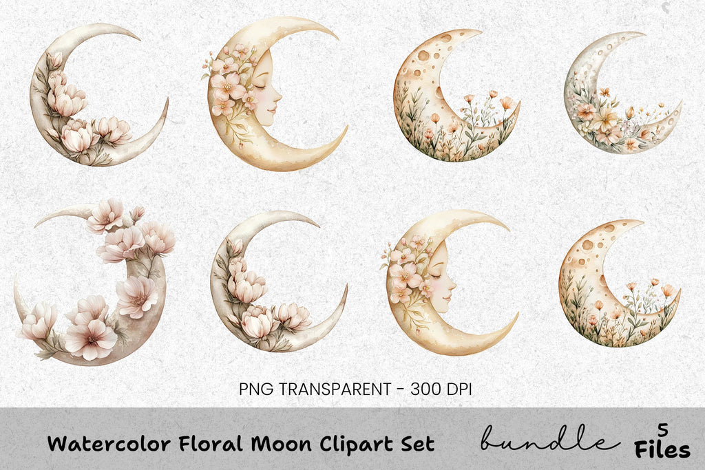 Floral Moon Clipart Bundle