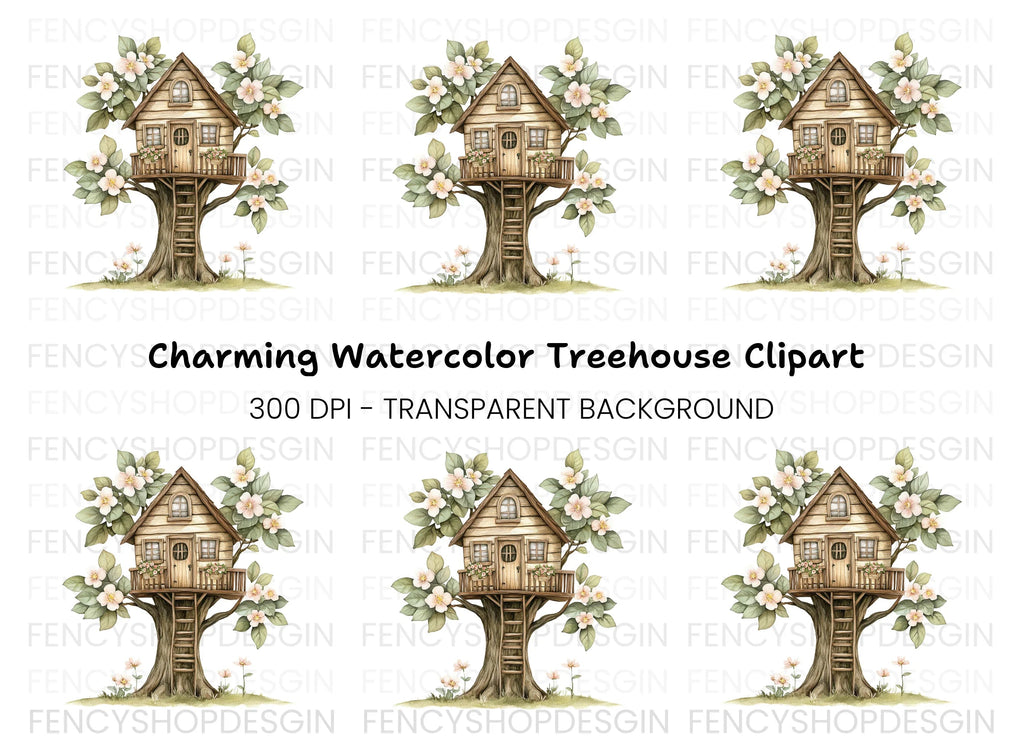 Cozy Treehouse with Pink Blossoms Clipart Bundle