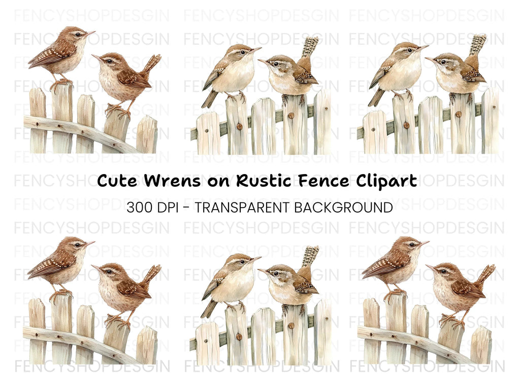 Charming Wren Birds on Fence Clipart Bundle