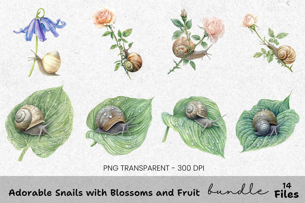 Adorable Snails with Blossoms and Fruit Clipart Bundle
