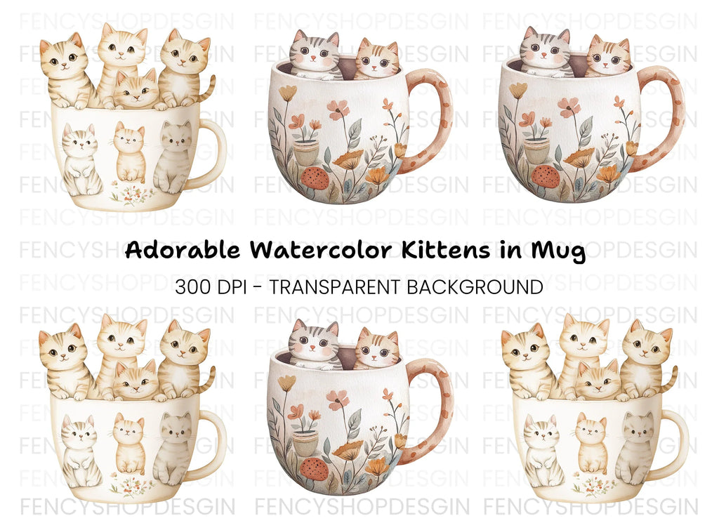 Kittens in Mugs Clipart Bundle