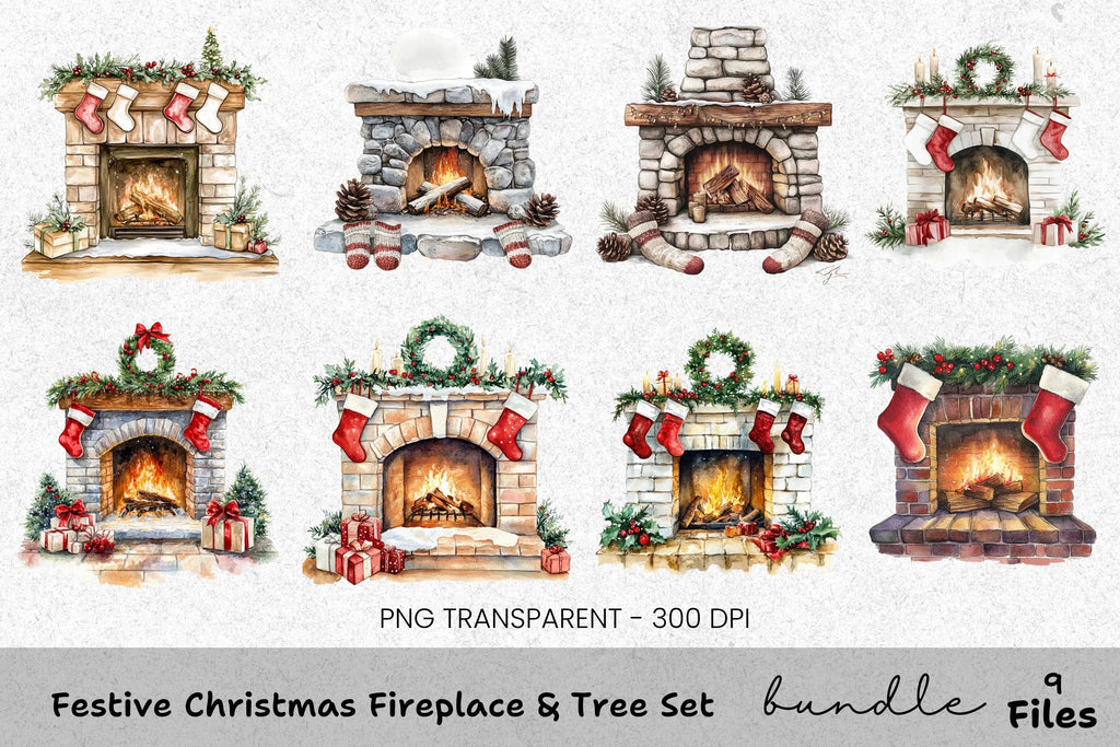 Cozy Christmas Fireplace Clipart Bundle