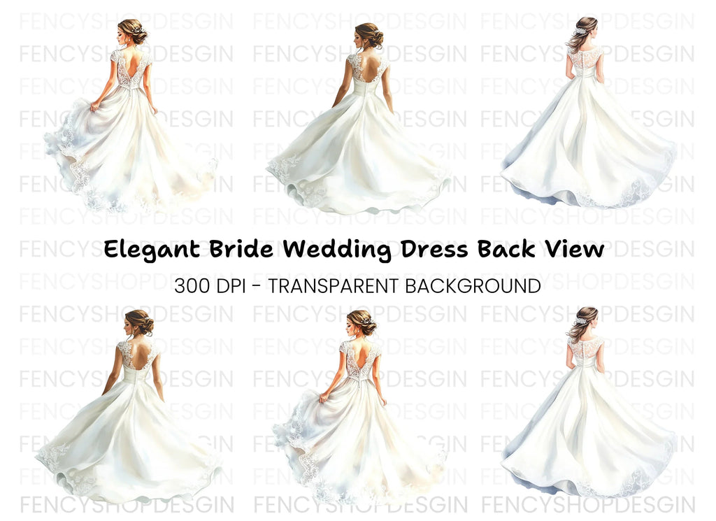 Elegant Wedding Dress Back View Clipart Bundle