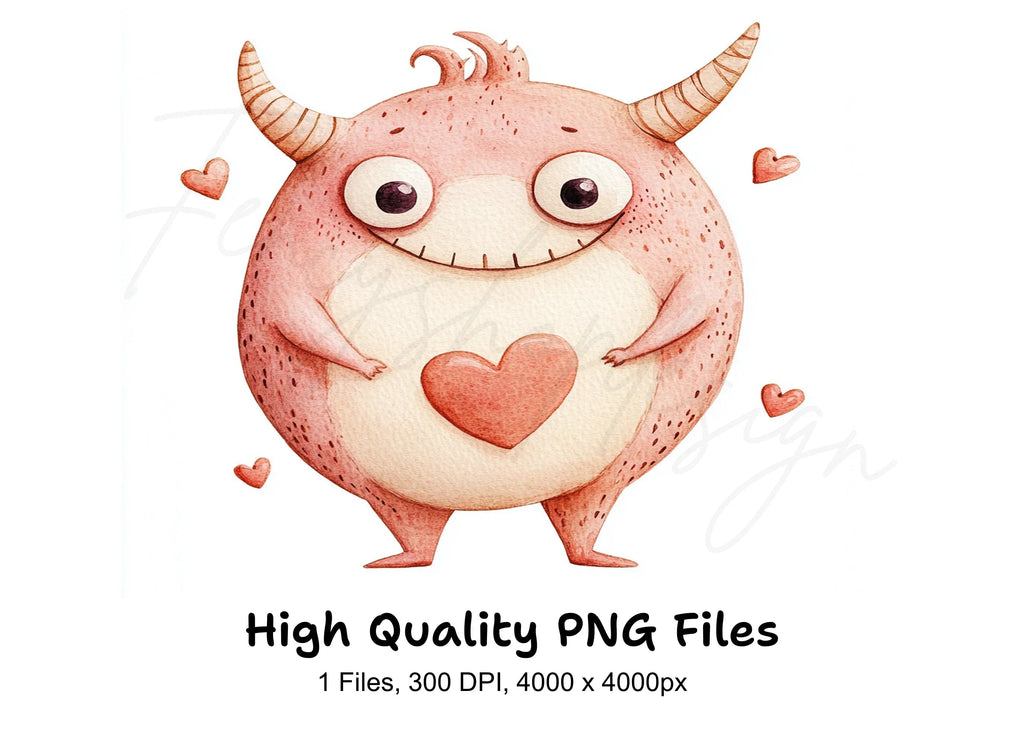 Cute Pink Monster with Heart Clipart Bundle