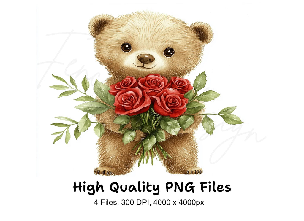 Sweet Teddy Bears with Rose Bouquets Clipart Bundle