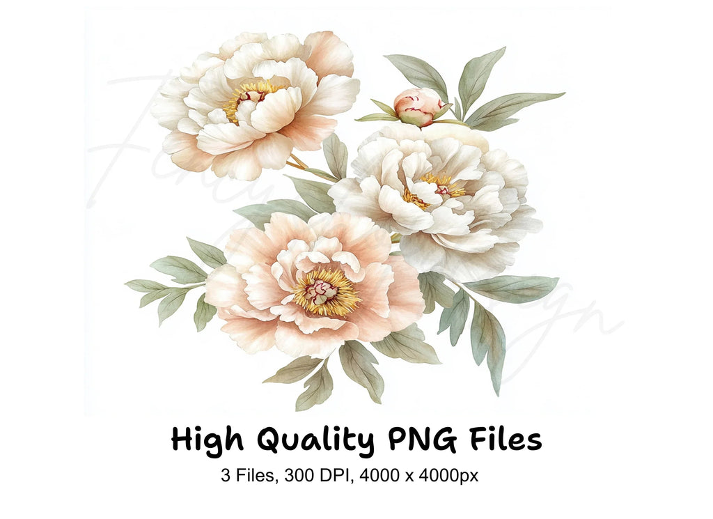 Elegant White Peony Flower Clipart Bundle