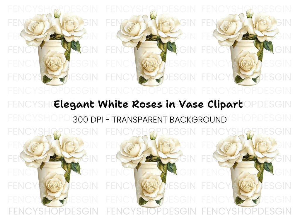 White Rose Vase Illustration Clipart Bundle