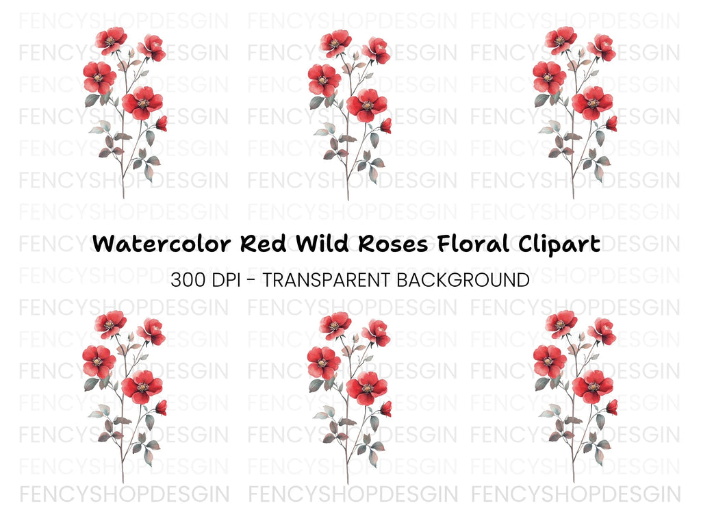 Red Rose Branch Clipart Bundle