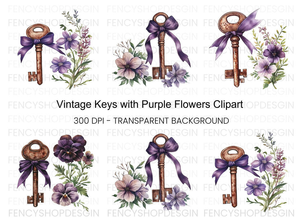 Vintage Keys with Purple Ribbons Clipart Bundle