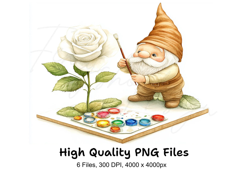 Gnome Painting White Rose Clipart Bundle