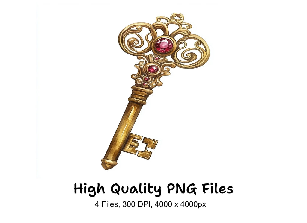 Vintage Golden Keys with Red Jewels Clipart Bundle