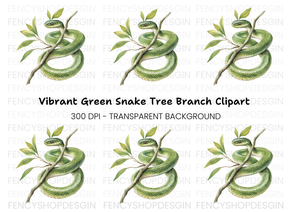 Vibrant Green Snake on Tree Branch Clipart Bundle