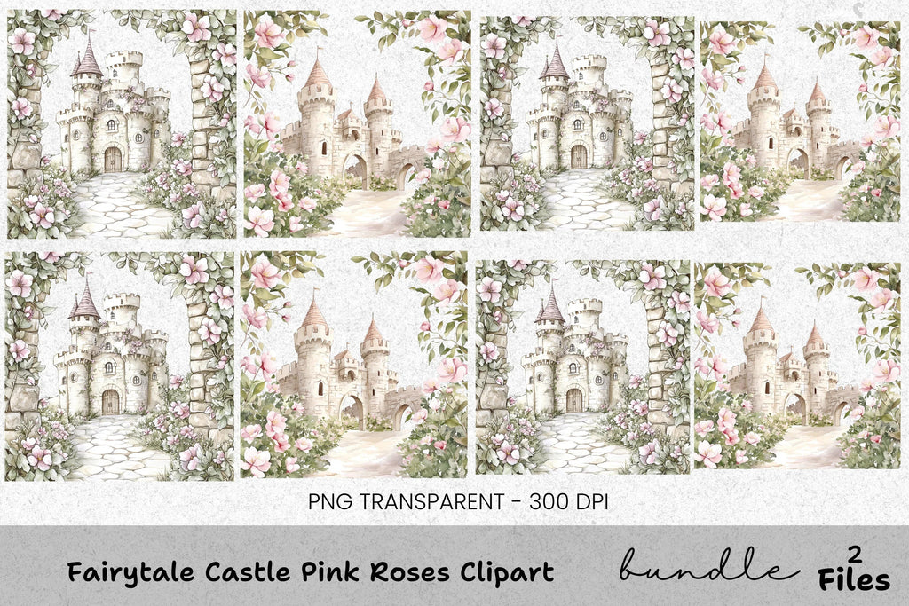 Fairytale Castle Pink Roses Clipart Bundle