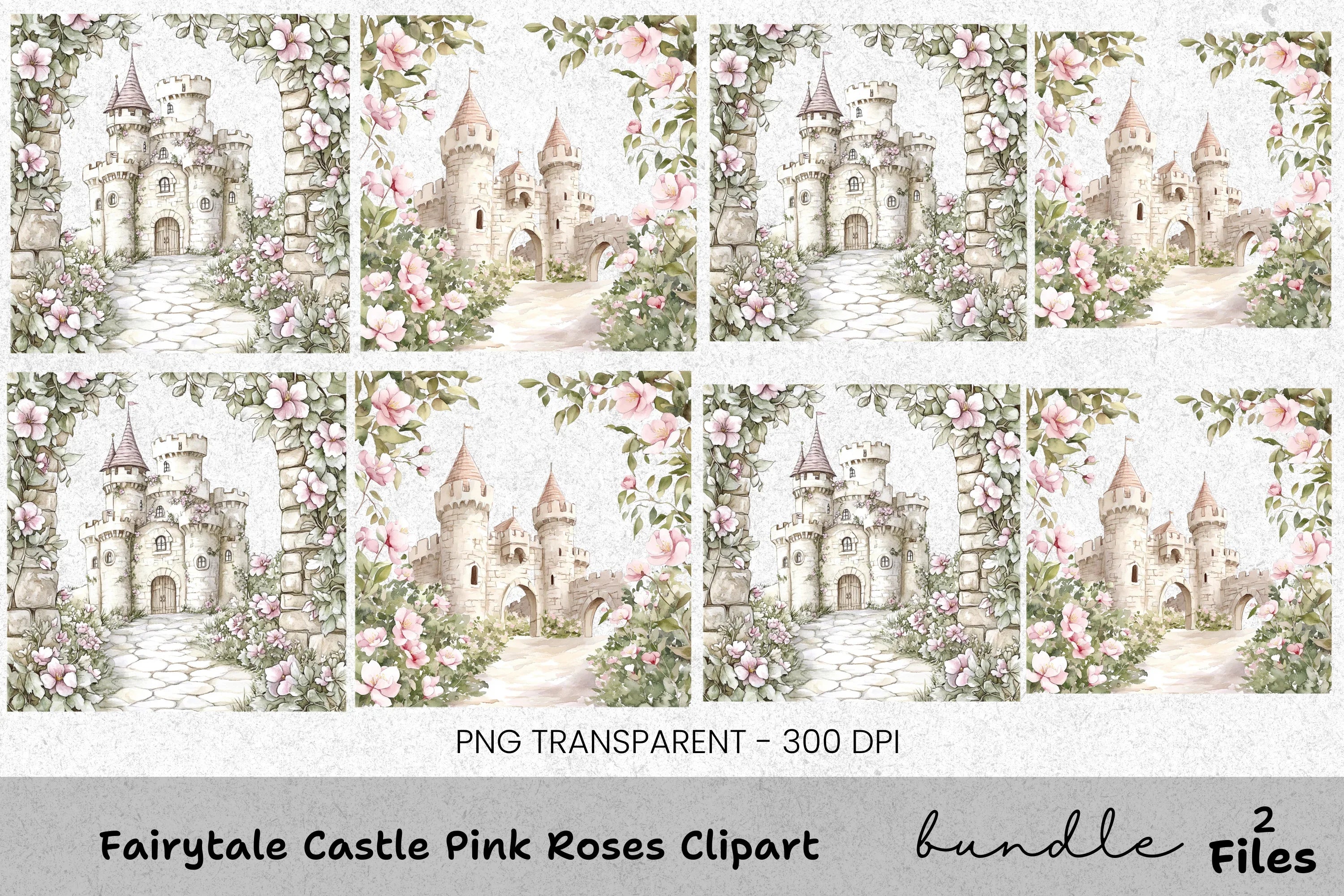Fairytale Castle Pink Roses Clipart Bundle