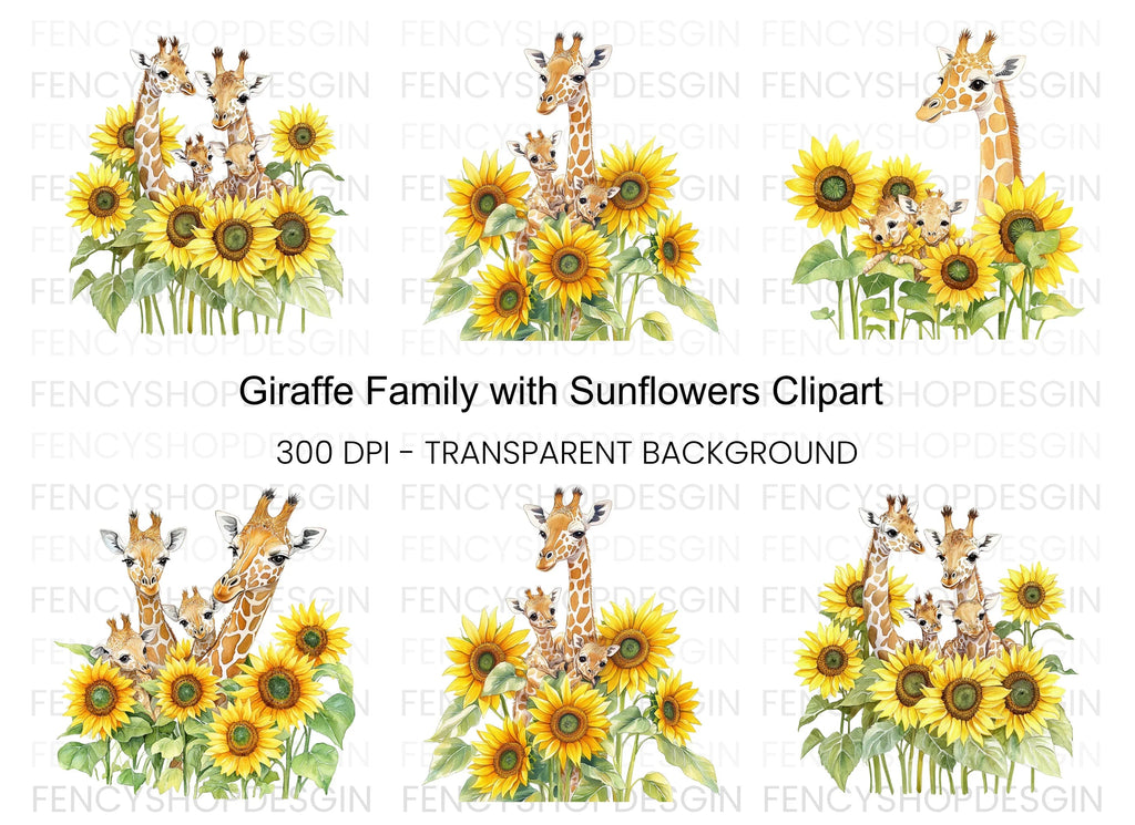 Giraffe Family with Sunflowers Clipart Bundle