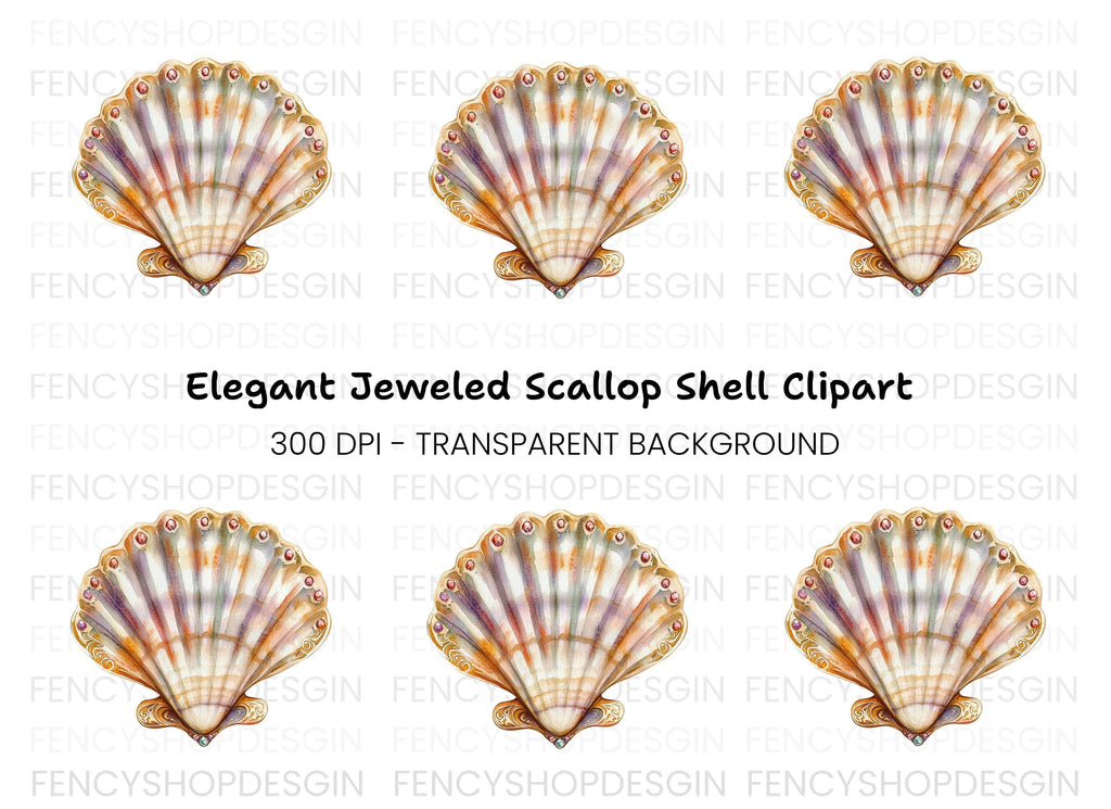 Ornate Scallop Shells with Jewels Clipart Bundle